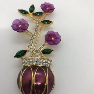 Flower Bouquet Vase Enamel Brooch Statement Gold Tone Vintage 90s Fashion Pin